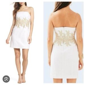 Lilly Pulitzer White Strapless Dress with Gold Embroidered Waist